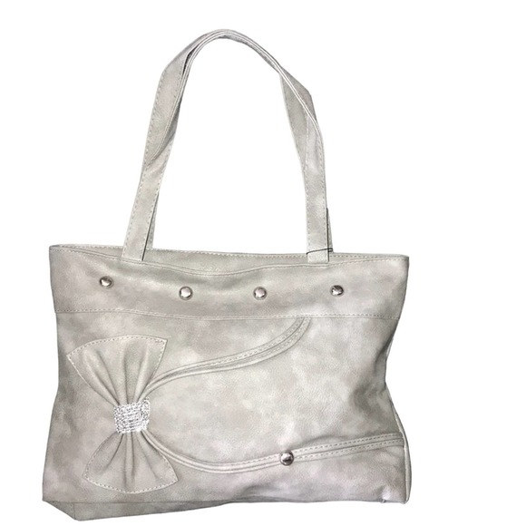 STYLE COVE Handbags - FAUX LEATHER LIGHT GRAY EMBELLISHED DESIGN WITH BOW